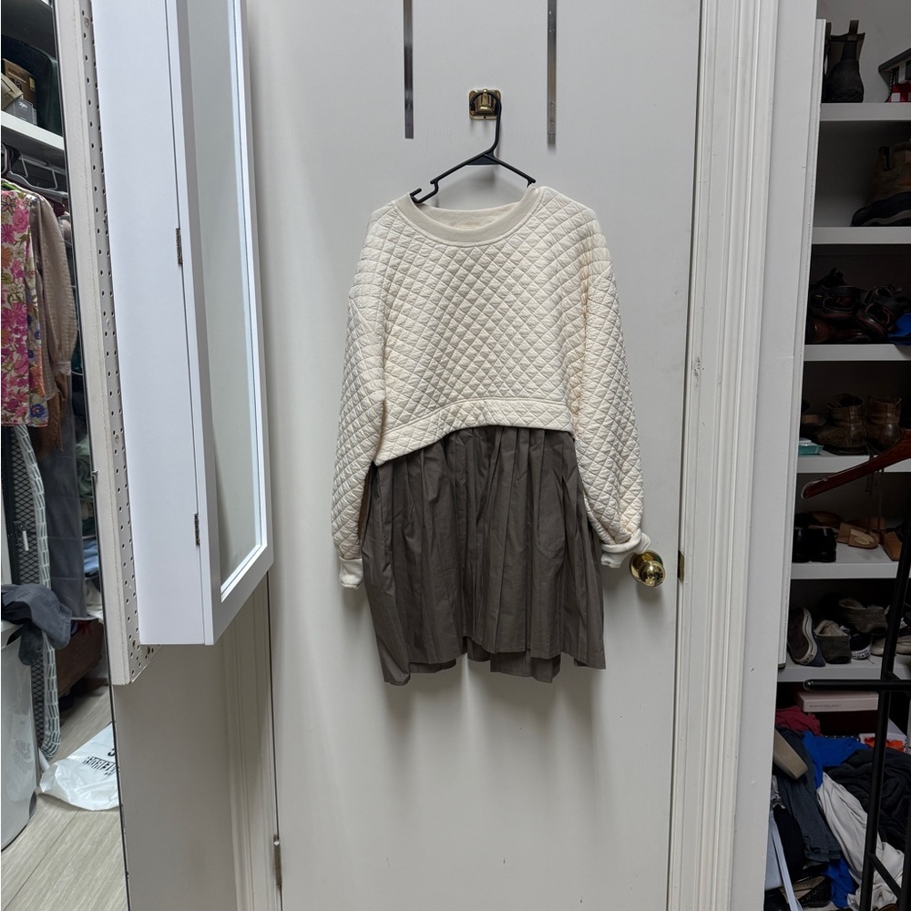 Elegant Cream Quilted Sweater with Brown Skirt